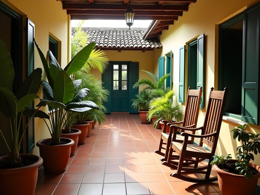 Traditional casa particular courtyard in Holguín with tropical plants and rocking chairs
