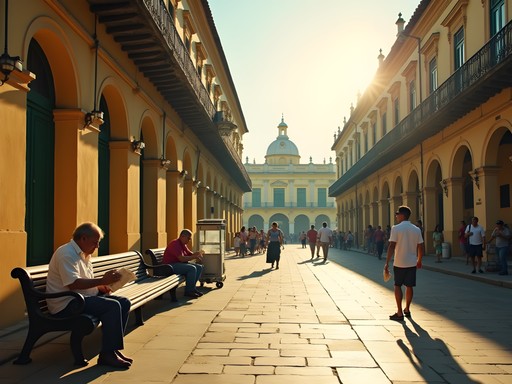 Woman enjoying morning coffee in Holguín's central plaza with locals