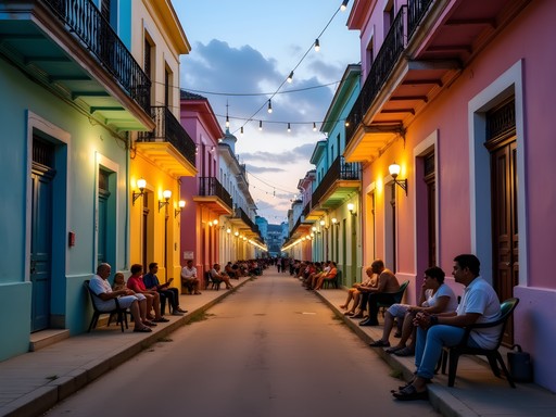 Evening street scene in Holguín with locals socializing outside