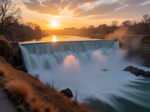 Solo traveler watching sunrise over Idaho Falls hydroelectric waterfall on Snake River