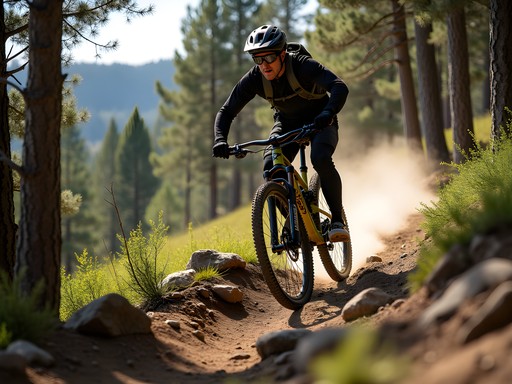 Mountain biker on downhill trail at Kelly Canyon Idaho during summer