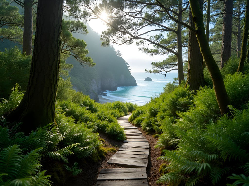 Lush coastal forest trail on the Rakiura Track, Stewart Island, New Zealand