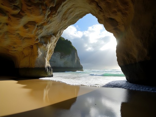 Natural arch and sea caves at Waipati Beach in The Catlins near Invercargill