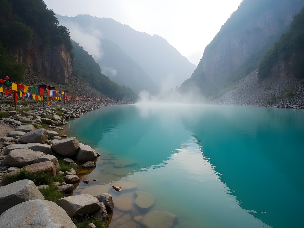 Mebar Tsho (Burning Lake) in Jakar with colorful prayer flags and turquoise waters