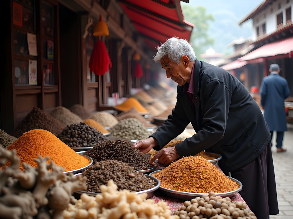 Colorful display of traditional Bhutanese herbal medicines and remedies at Jakar market