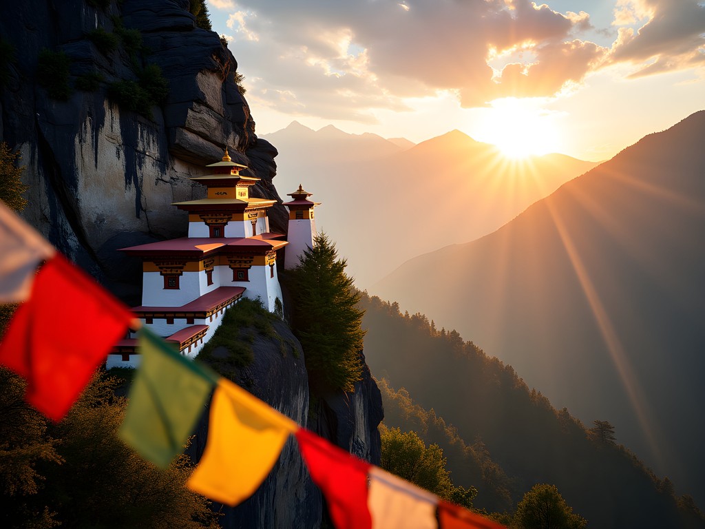 Ancient Kurjey Lhakhang monastery at sunset with prayer flags and Himalayan mountains in background