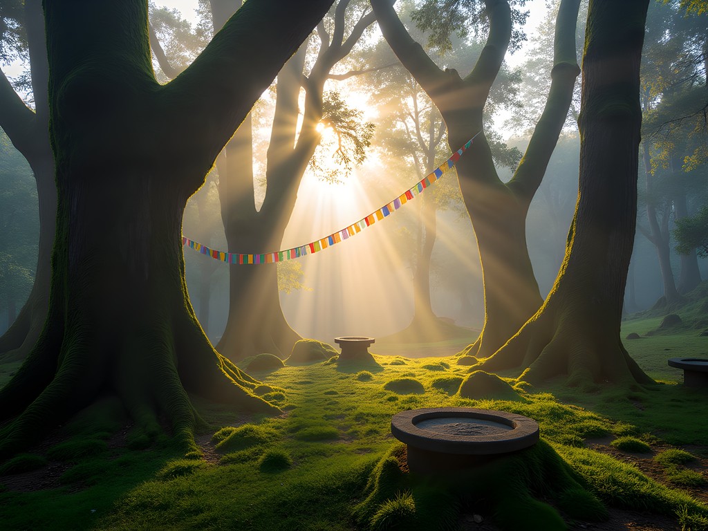 Misty ancient forest in Jakar with prayer flags and moss-covered stones