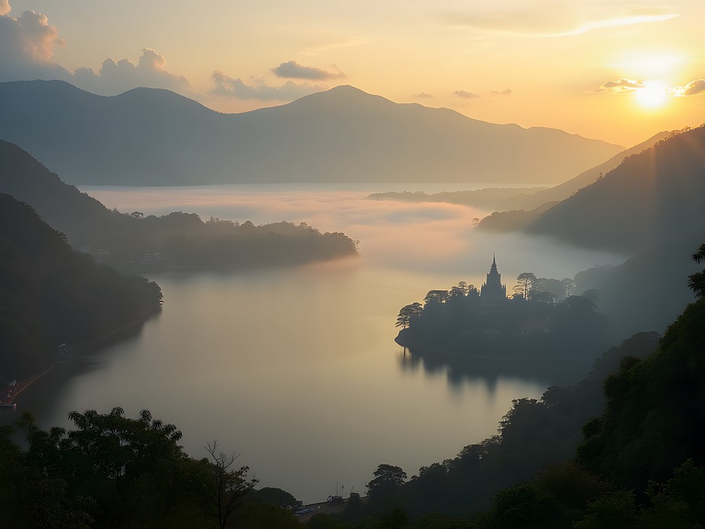 Misty sunrise view of Kandy Lake with Temple of the Sacred Tooth Relic visible on shore