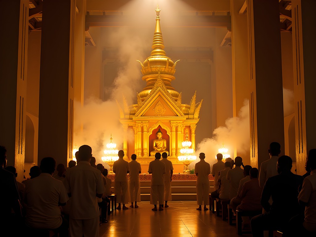 Atmospheric evening ceremony at Temple of the Sacred Tooth with incense and oil lamps