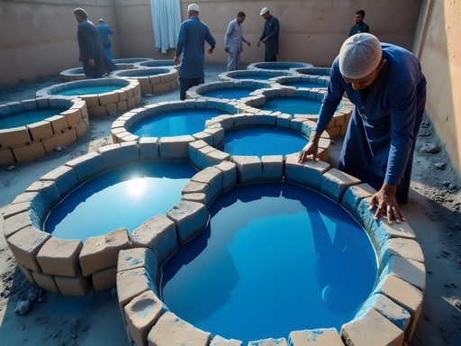 Traditional indigo dye pits at Kofar Mata in Kano with dyers at work