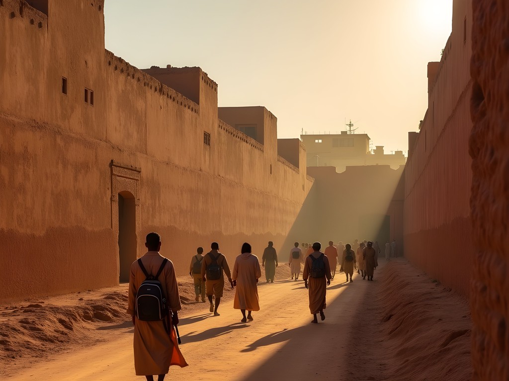 Ancient terracotta walls surrounding Kano's old city with modern life continuing below