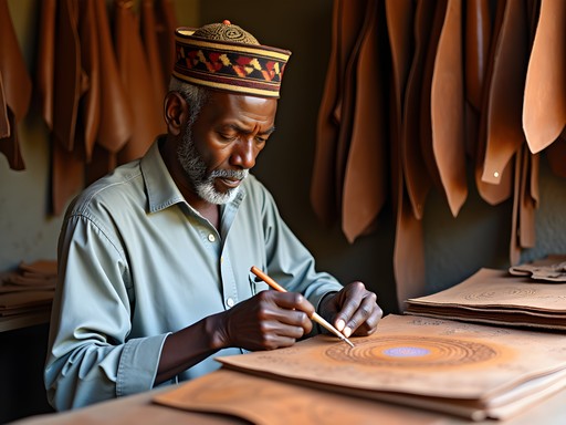 Leather craftsman creating intricate designs in Kurmi Market, Kano