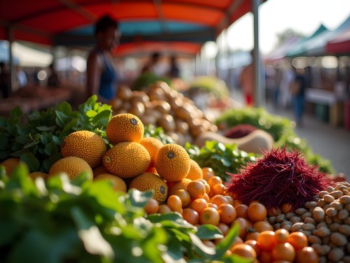 Colorful display of indigenous fruits and vegetables at Kasane Food Market