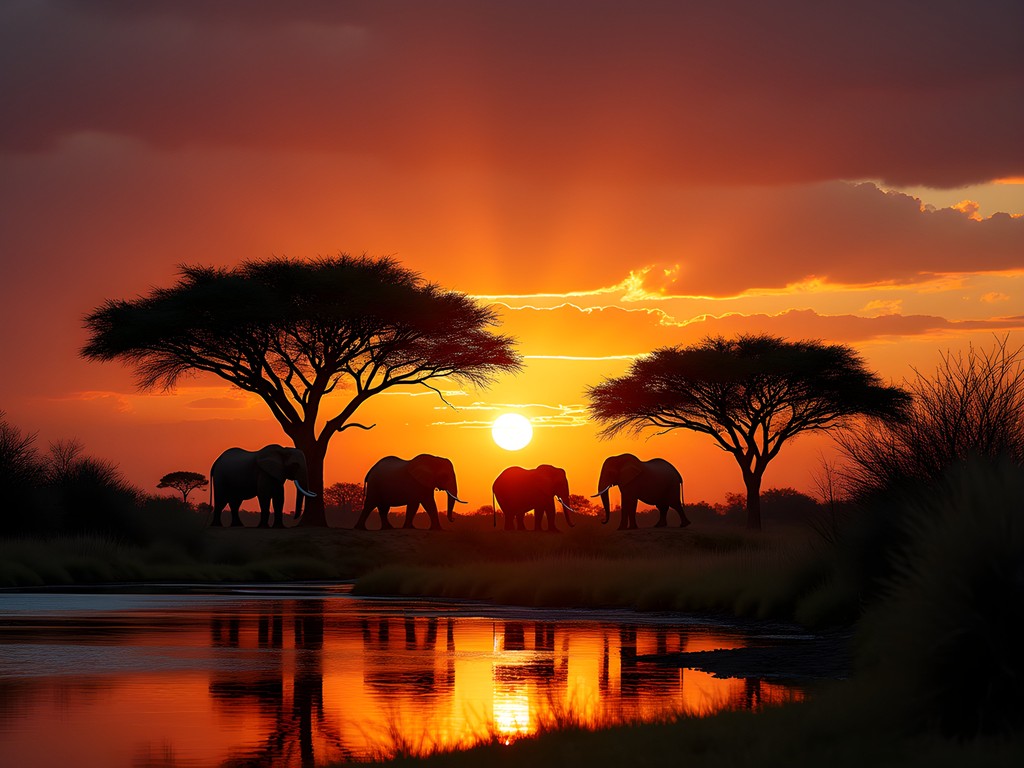 Dramatic sunset over Chobe River with silhouettes of wildlife and acacia trees