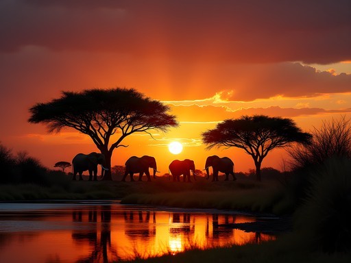 Dramatic sunset over Chobe River with silhouettes of wildlife and acacia trees