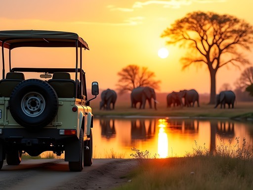 Solo traveler on self-drive safari watching elephants at waterhole in Chobe National Park