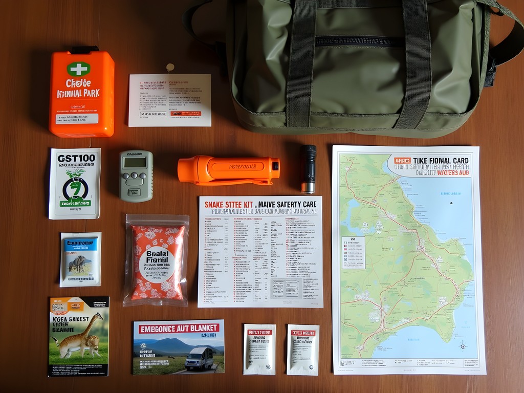 Comprehensive safety kit for solo safari travel including first aid supplies and communication devices