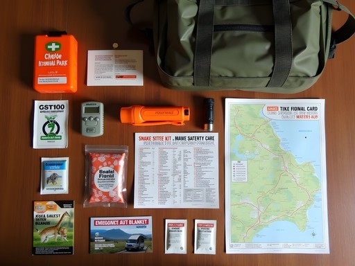 Comprehensive safety kit for solo safari travel including first aid supplies and communication devices