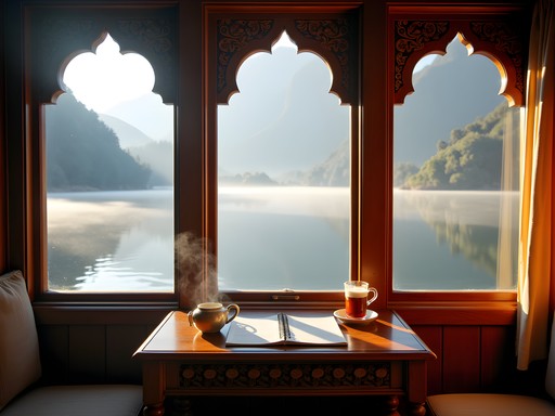 Morning ritual on a traditional Kashmir houseboat