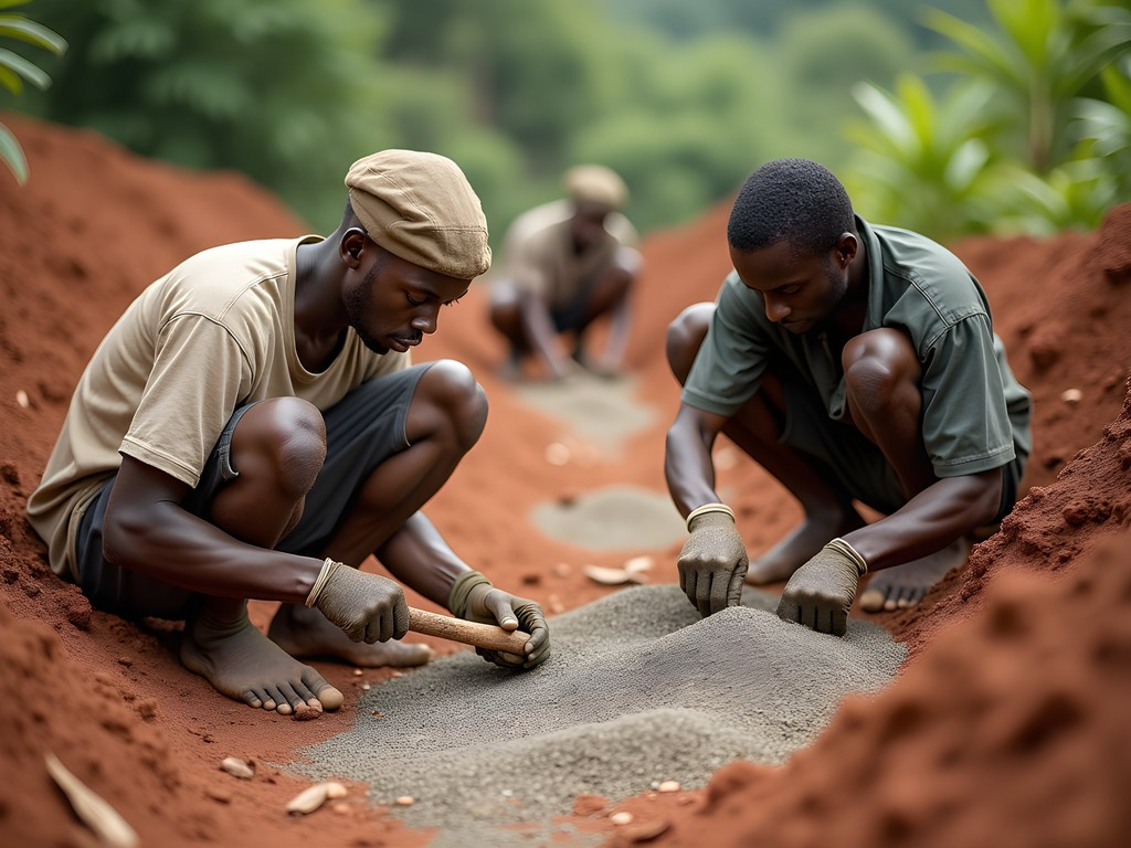 Local miners working at small-scale artisanal diamond mining operation near Kenema