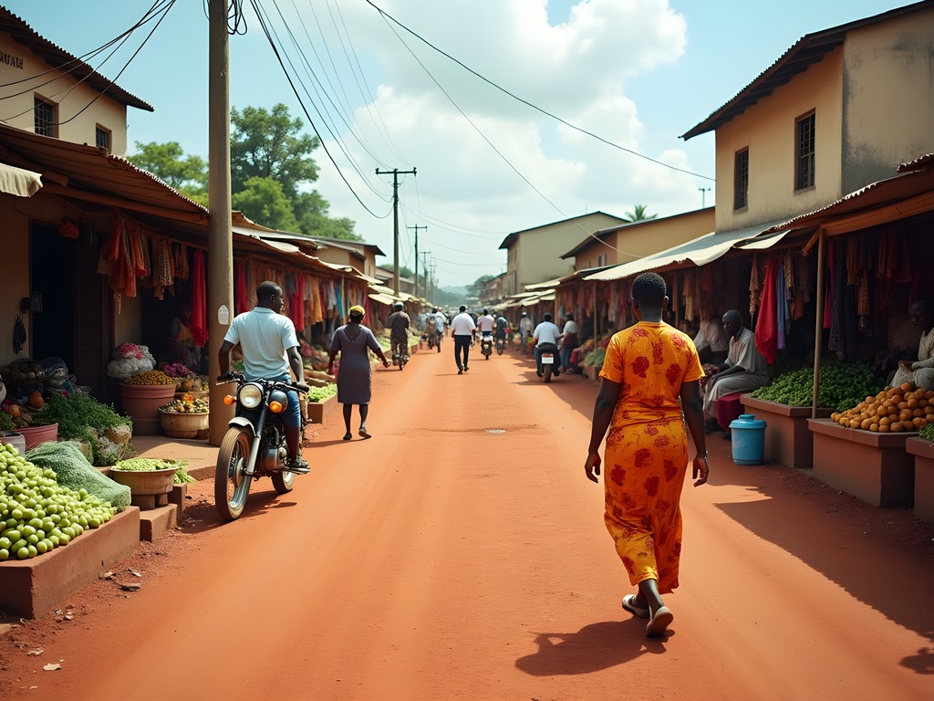 Bustling street scene in downtown Kenema with colorful market stalls and locals going about daily business
