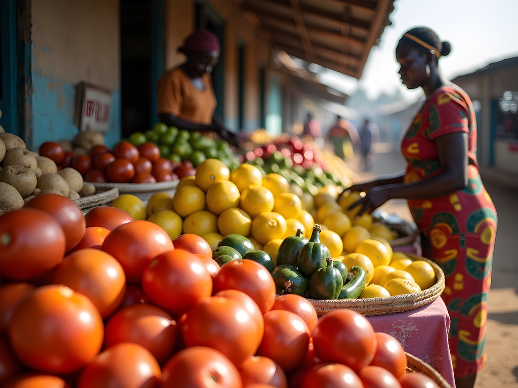 Colorful produce displays at Kenema's central market with local vendors