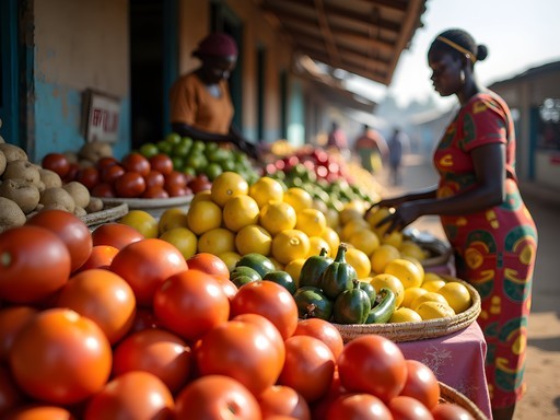 Colorful produce displays at Kenema's central market with local vendors