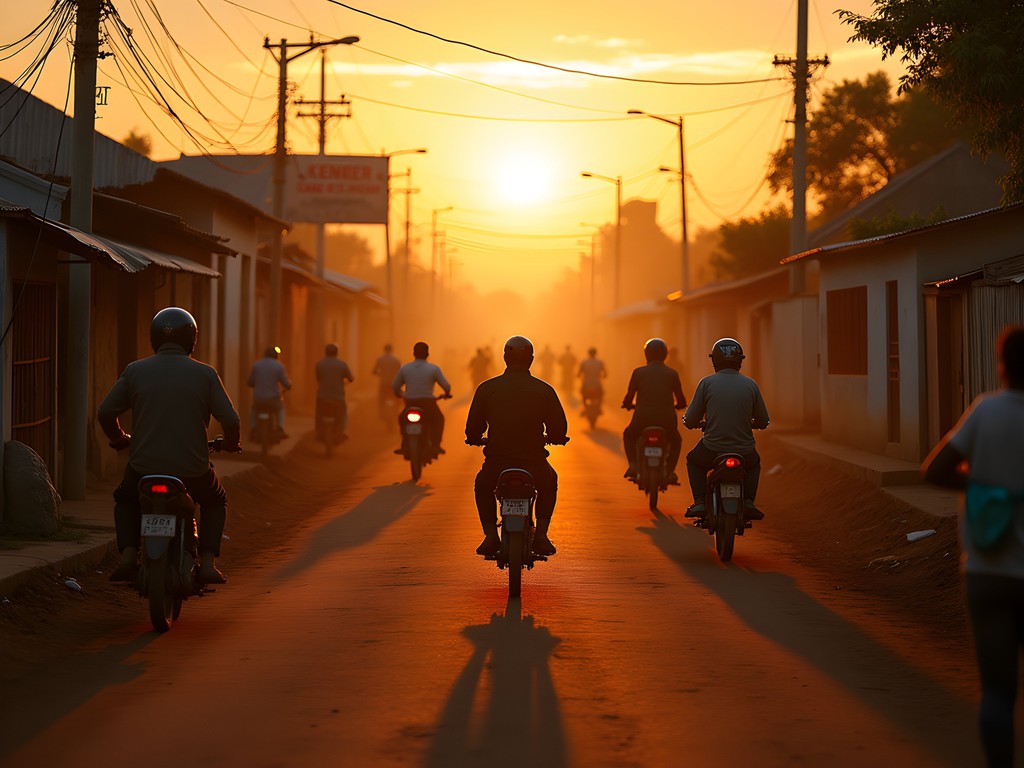 Evening street scene in Kenema with locals returning home at sunset