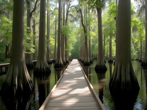 Wooden boardwalk through cypress swamp at Jean Lafitte National Historical Park Louisiana