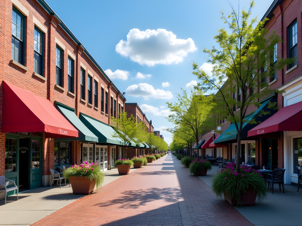 Historic Rivertown district in Kenner Louisiana with colorful storefronts and spring flowers