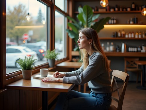Solo female traveler reading at coffee shop in Kent Washington