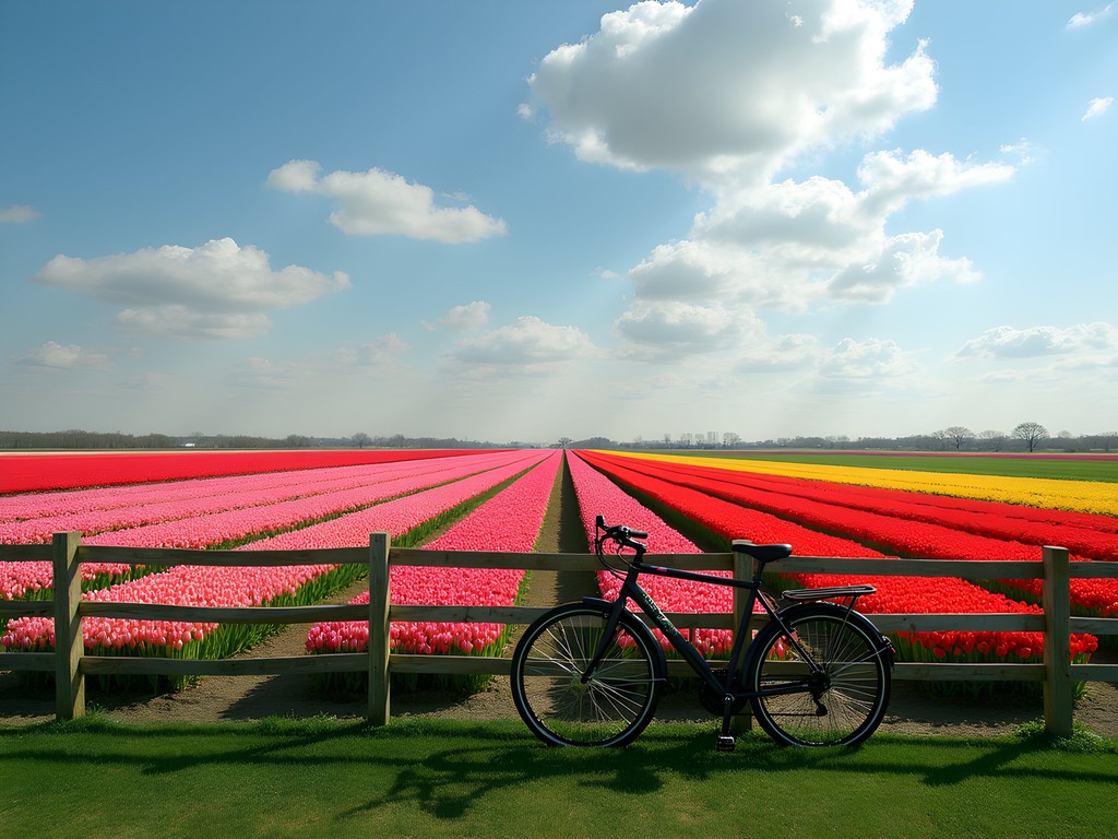 Bicycle leaning against fence with vast commercial tulip fields stretching to horizon in geometric patterns