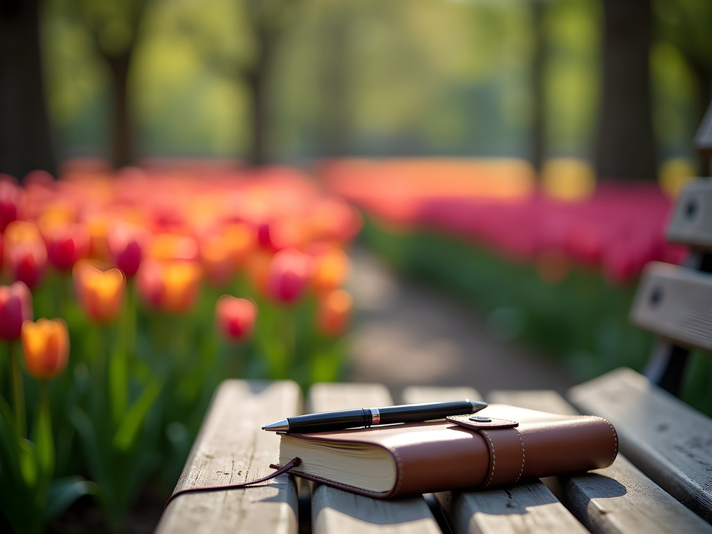 Solo traveler writing in journal on garden bench surrounded by colorful tulip displays
