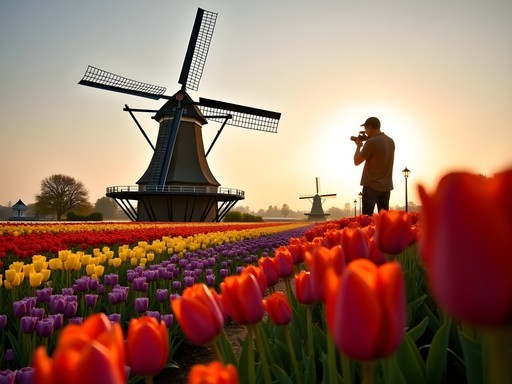 Solo traveler photographing traditional Dutch windmill surrounded by colorful tulip fields at Keukenhof