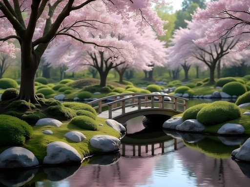 Serene Japanese garden section in Keukenhof with cherry blossoms, stone pathway and water feature