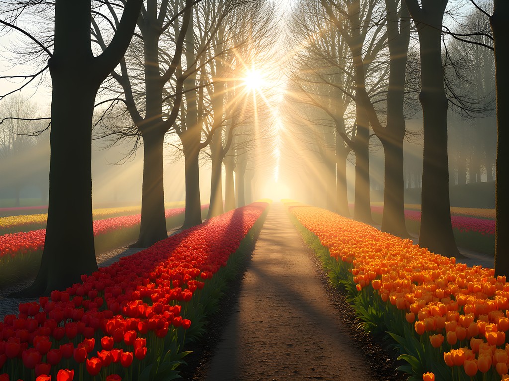 Early morning light illuminating multicolored tulip fields at Keukenhof Gardens with few visitors
