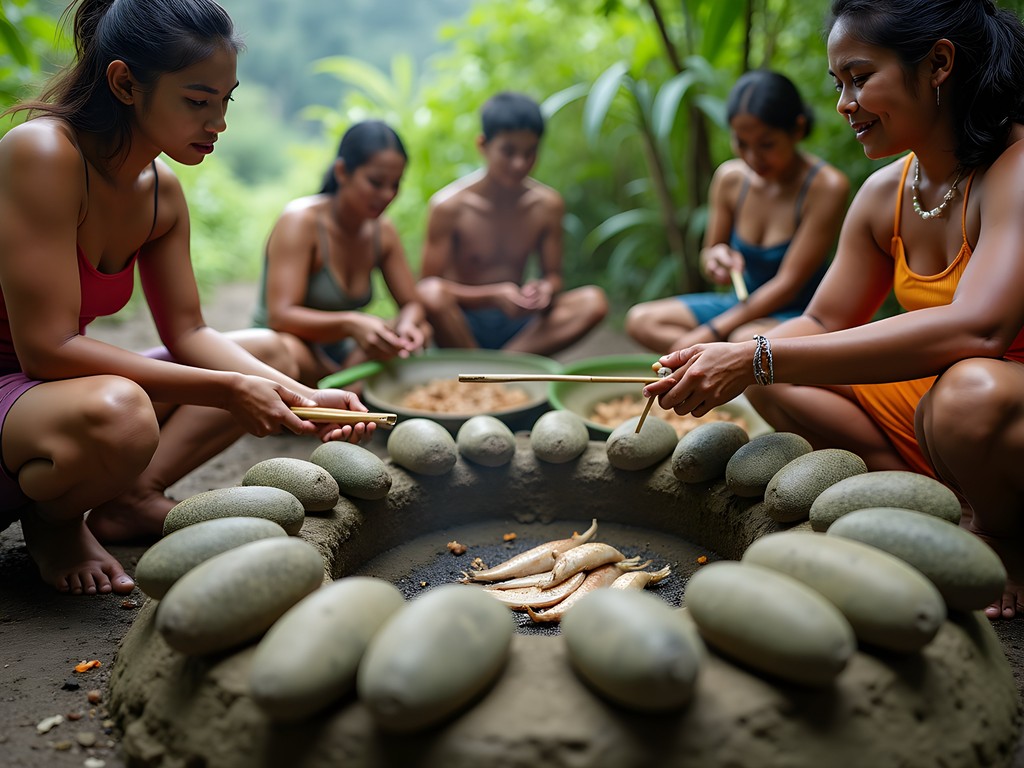 Traditional Palauan feast preparation with earth oven cooking