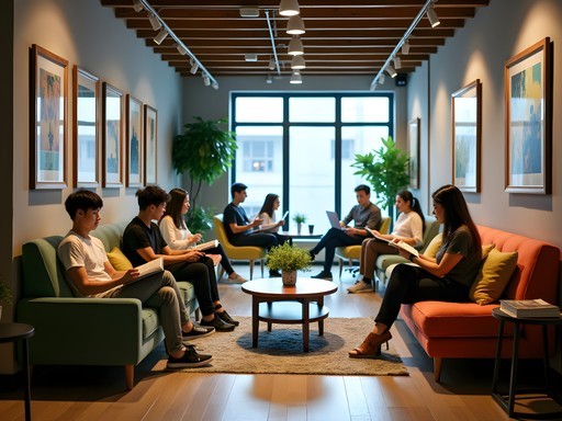 Modern boutique hostel common area in Kuala Lumpur with diverse travelers