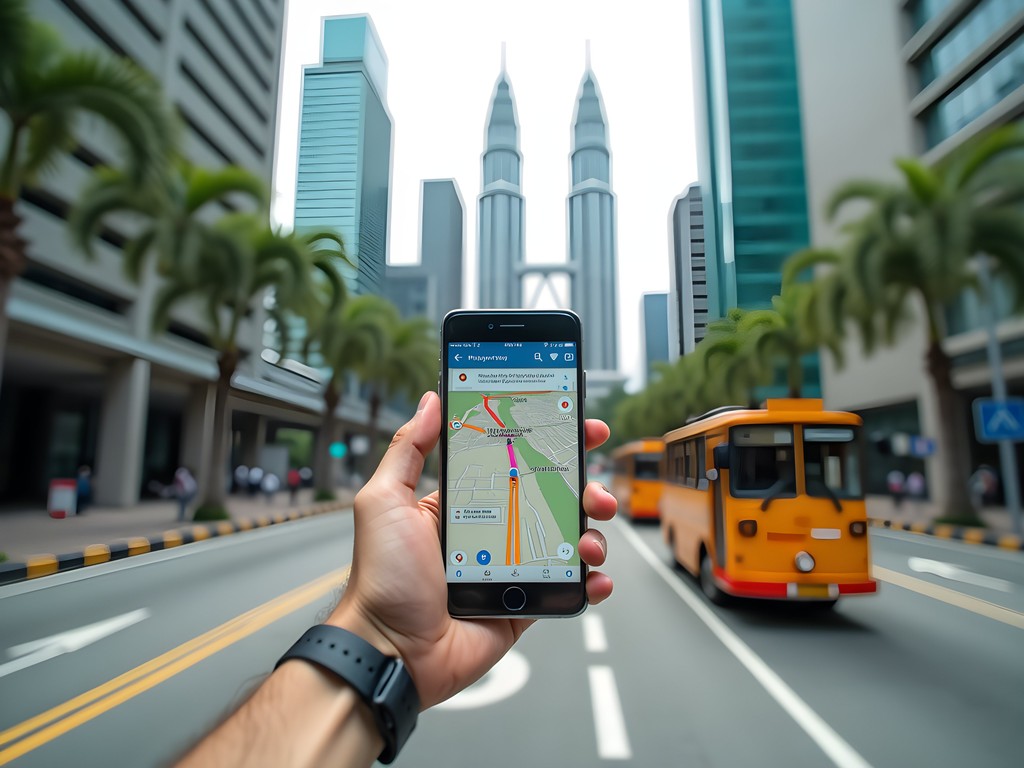 Person using smartphone navigation in Kuala Lumpur streets