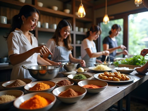 Malaysian cooking class in traditional kitchen with diverse participants
