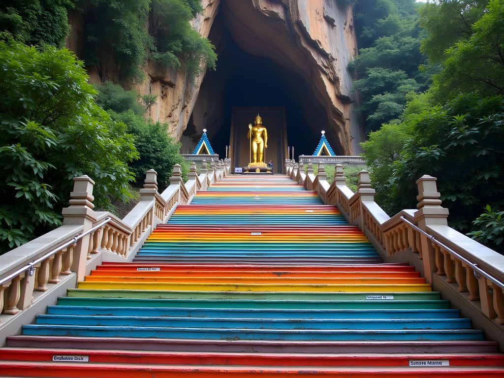 Colorful rainbow stairs leading to Batu Caves with Hindu temple and limestone formation