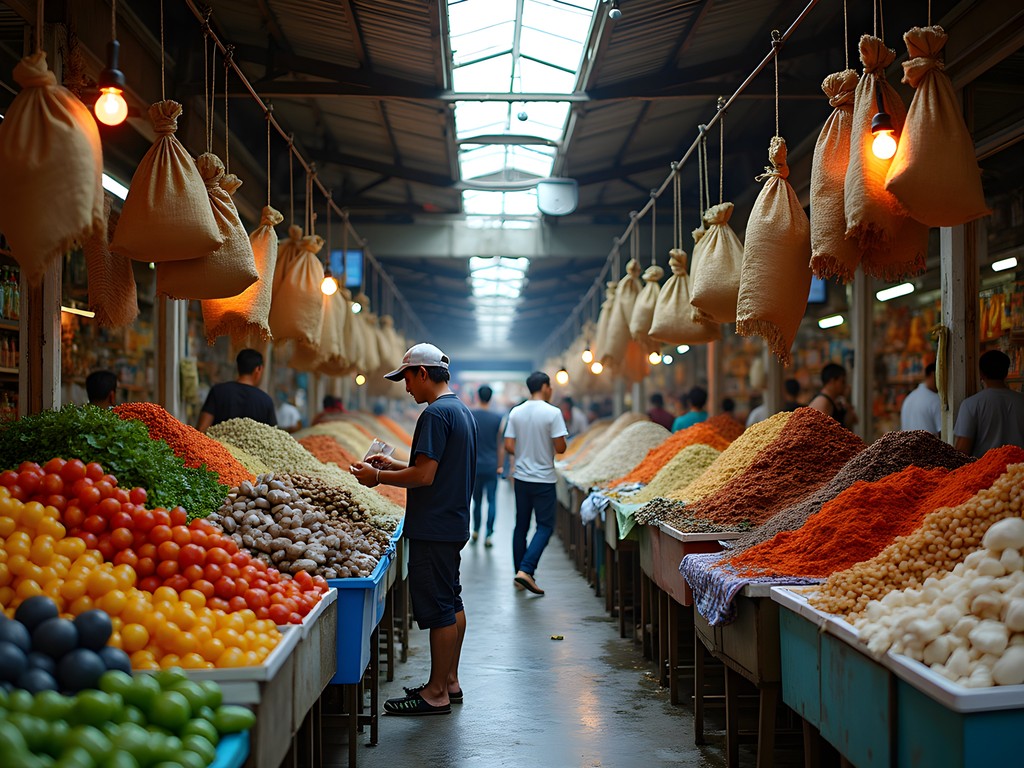 Busy scene at Chow Kit Market with colorful produce displays, local vendors, and shoppers navigating narrow aisles
