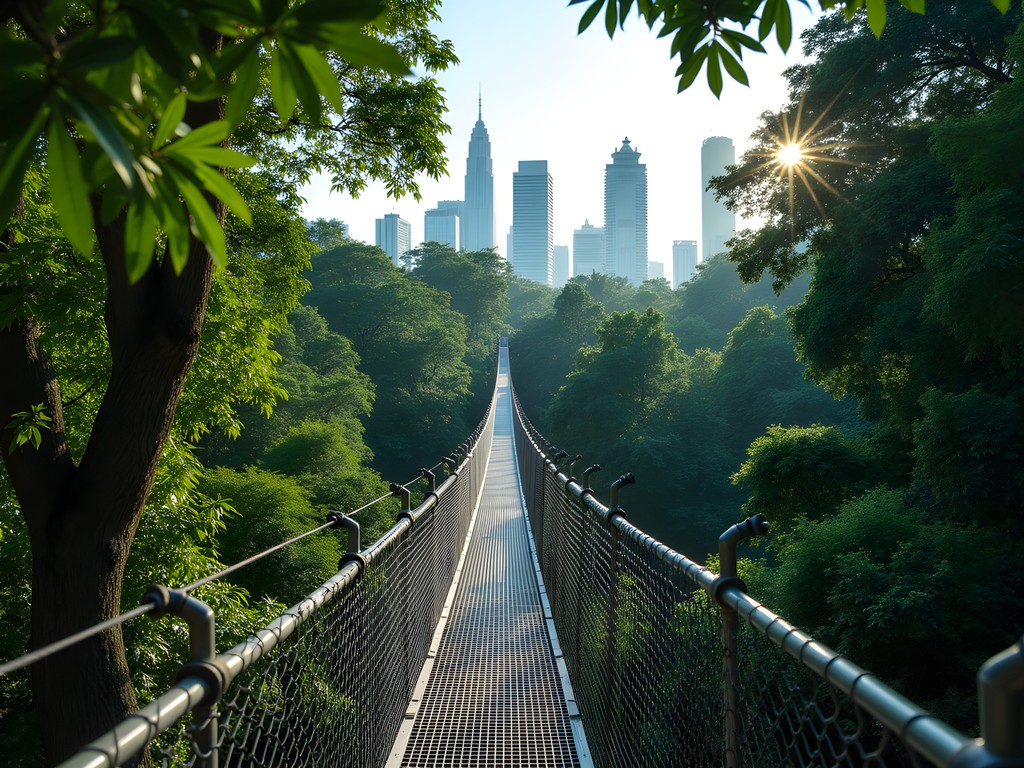 Canopy walkway suspended among lush rainforest trees in KL Forest Eco Park with city skyline visible
