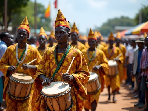 Colorful procession during Akwasidae Festival in Kumasi with traditional drummers and chiefs