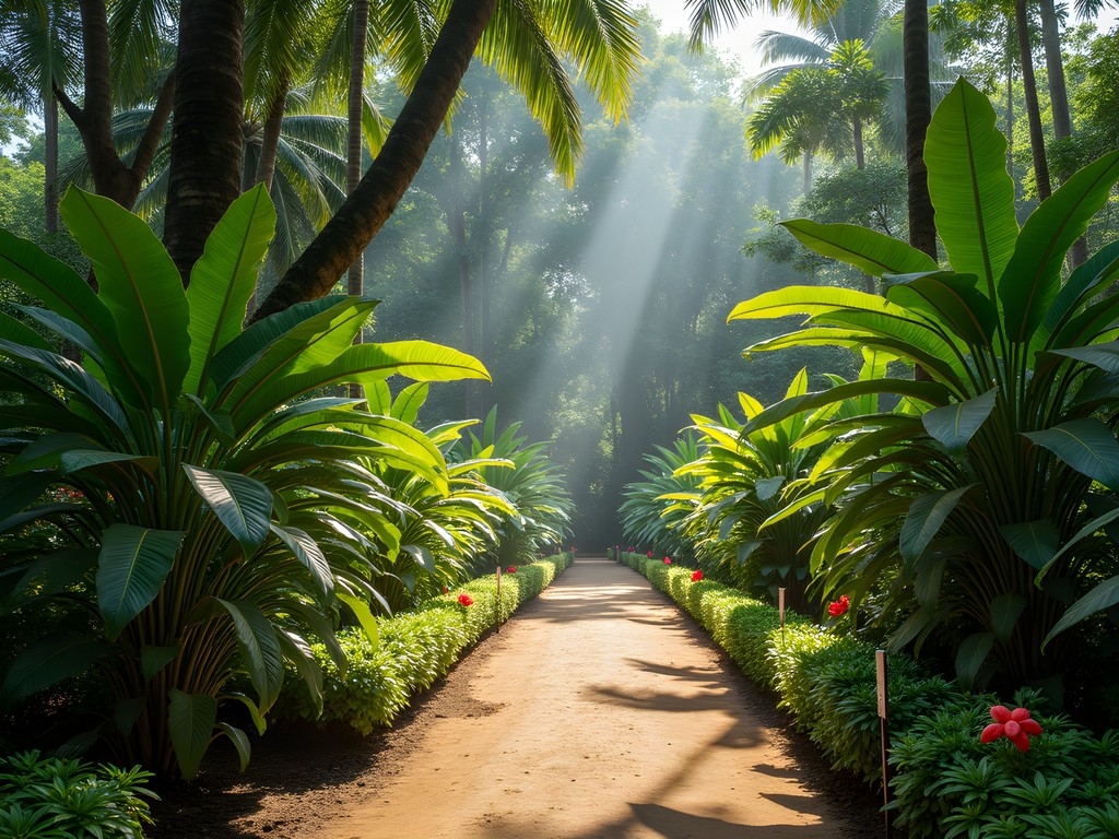 Lush tropical vegetation at KNUST Botanical Garden in Kumasi with labeled medicinal plants