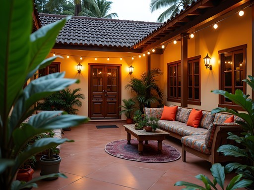 Peaceful courtyard of a local guesthouse in Kumasi with tropical plants and outdoor seating