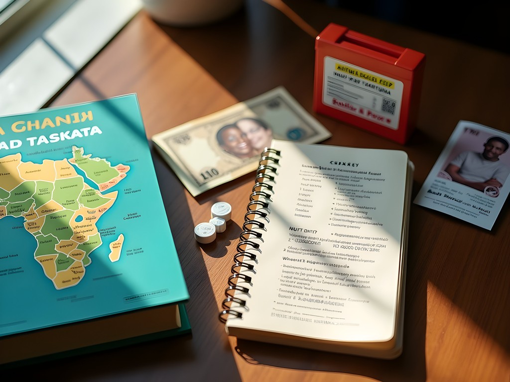 Solo traveler preparing for Kumasi market visit with guidebook and local currency