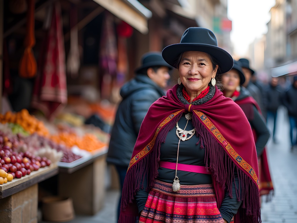 Traditional cholita women in colorful traditional dress at La Paz winter market