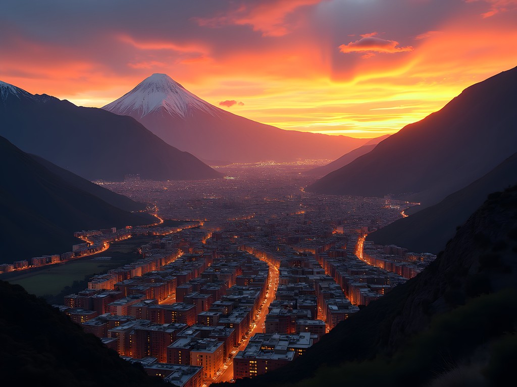 Dramatic sunset over La Paz cityscape showing buildings cascading down the canyon