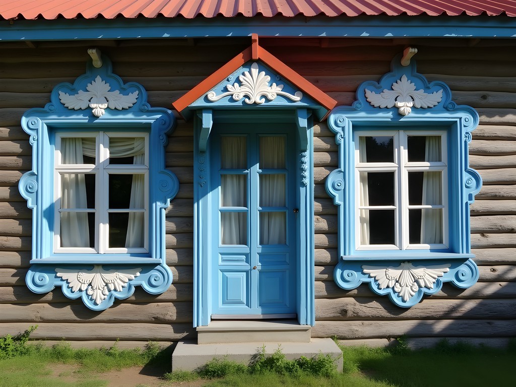 Traditional wooden houses with intricate carvings in historic Irkutsk